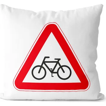 Dekorativní polštářek Polštářek Pozor – cyklista (Velikost: 40 x 40 cm)