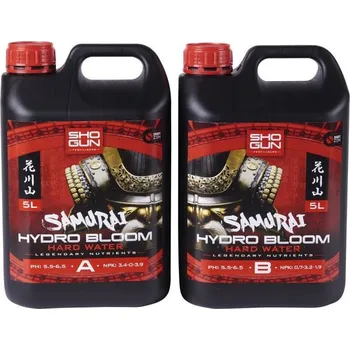Hnojivo Shogun Samurai Hydro Bloom A+B 5L tvrdá voda (SHOGUN Samurai Hydro je kompletní dvousložková hydroponická výživa, která konkuruje všem ostatním. Obsahuje rafinované, přesně formulované složky, které zajišťují úžasný vegetativní a kvetoucí vývoj rostlin. P