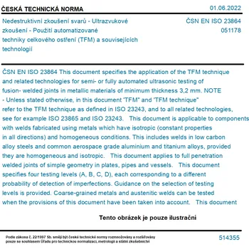 ČSN EN ISO 23864 - Nedestruktivní zkoušení svarů - Ultrazvukové zkoušení - Použití automatizované techniky celkového ostření (TFM) a souvisejících technologií - Tisk