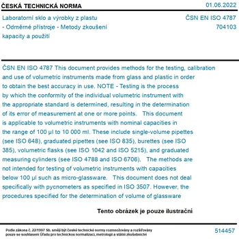 ČSN EN ISO 4787 - Laboratorní sklo a výrobky z plastu - Odměrné přístroje - Metody zkoušení kapacity a použití - Tisk