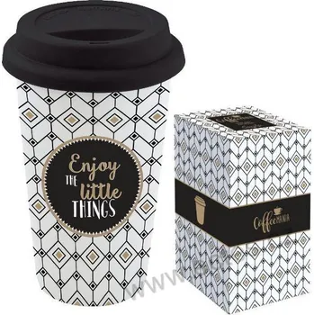 Termohrnek Easy Life ART DECO BLACK černý porcelánový cestovní TO GO hrnek s víčkem Enjoy the Little Things a ornamenty *COFFEE MANIA* 350ml