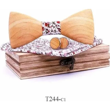 Mahoosive Dřevěný motýlek s kapesníčkem a manžetovými knoflíčky T244