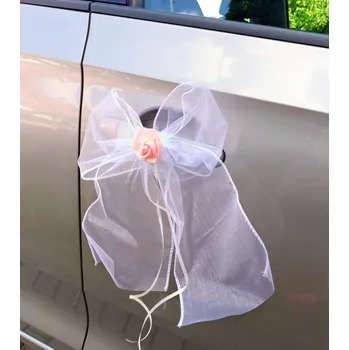 Svatební dekorace Mašlička dekorační bílá s růžičkou - 2ks - růžová