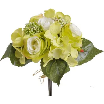 umělá květina Kytice z růží a hortenzií 20 cm zelená