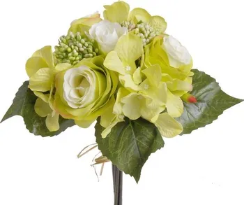 Umělá květina Kytice z růží a hortenzií 20 cm zelená