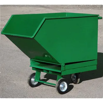 Plošinový vozík Lehký výklopný přepravník, provedení s dvojitým dnem a sítem, se zajížděcími kapsami, výpustný kohout, objem 600 l, barva zelená RAL6029