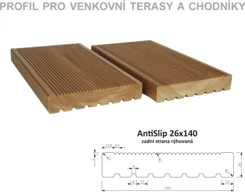 Thermowood borovice AntiSlip 26 x 140mm zadní strana rýhovaná 4,2 m