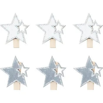Vánoční dekorace Hvězda dřevěná se stříbrnými glitry na kolíčku 4 cm šedá a bílá, 6 ks