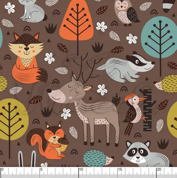 Zakázkový tisk, softshell, kočárkovina... Lesní zvířátka hnědá Látky k tisku: Softshell letní