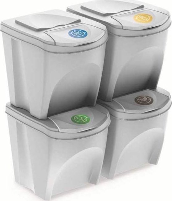 Sada 4 odpadkových košů na tříděný odpad SORTIBOX, objem 4x25 l, barva světle šedá