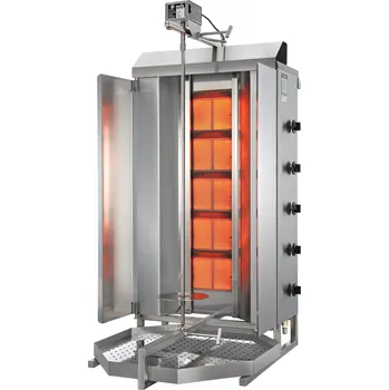 Kuchyňský gril Plynový gril na kebab/gyros, 5 topných polí, zátěž 120 kg, 17,5 kW, 600x660x1310 mm, nádoba na tuk 650x650 mm | POTIS, GD5/LPG