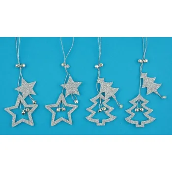 Vánoční dekorace Hvězda a strom s glitry na zavěšení 13cm, 4 ks,stříbrná