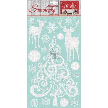 Vánoční dekorace Okenní fólie bez lepidla vánoční 10321 bílá s glitry Strom s Jelínky 41x24 cm, Anděl Přerov