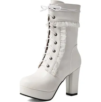 Dámské polobotky Šněrovací polo kozačky na podpatku GoodDayGirl Barva: Bílá, Velikost: 36