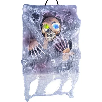 Party dekorace Figurína kostra v pavučině, LED oči, 43cm
