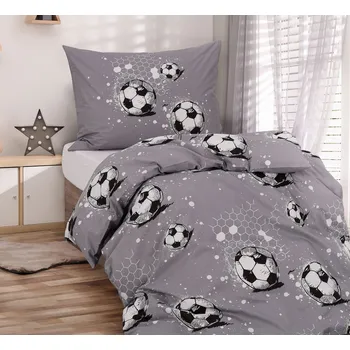 Povlečení LS122 dětské bavlněné povlečení Fotbal šedé 140 x 200, 70 x 90 cm zipový uzávěr