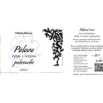 Pálava 2022, výběr z hroznů, Polivka Winery, polosuché