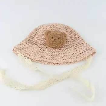 Klobouk Dívčí letní háčkovaný klobouček - Růžový medvěd,48 cm (6-24 měsíců)