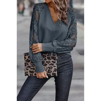 Dámská halenka Dámský elegantní top / blůza s krajkou na rukávech Barva: Šedá, Velikost: S