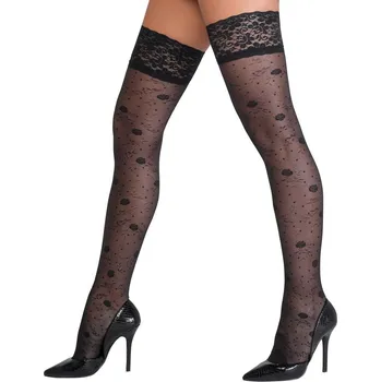 Dámské erotické prádlo Cottelli Hold-up Stockings with Delicate Rose Pattern 2520710 Black Velikost 1-XS