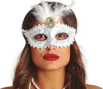 Karnevalová maska Fiestas Guirca Maska s broží a peřím bílá/stříbrná
