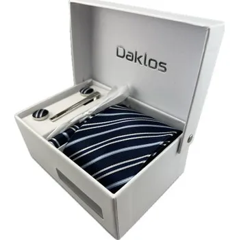 Kravata Luxusní set tmavě a světle modré a bílé proužky - Kravata, kapesníček, manžetové knoflíčky, kravatová spona v dárkové krabičce