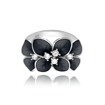 Prsten MINET Černý rozkvetlý stříbrný prsten FLOWERS s bílými zirkony Velikost prstenu: 51