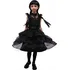 Karnevalový kostým Dětský kostým Wednesday černé volánkové šaty s krátkým rukávem s páskem + paruka