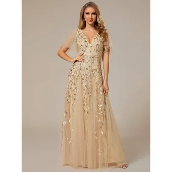 Dámské šaty Třpytivé dlouhé večerní šaty s výstřihem a dlouhým rukávem Barva: Zlatá, Velikost: 3XL