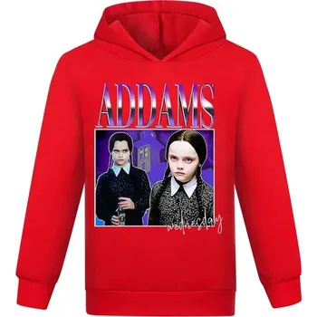 Chlapecký svetr Dívčí mikina střihu "hoodie" s potiskem filmové Wednesday Addams Barva: Červená (žlutá), Velikost: 110 (4-5 let)
