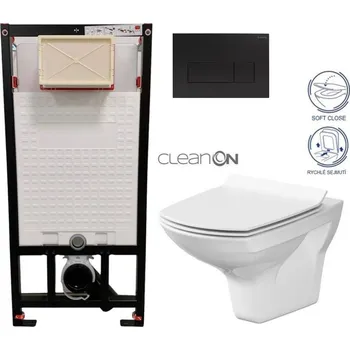 Klozet DEANTE Podomítkový rám, pro závěsné WC mísy + SLIM tlačítko černé + WC CERSANIT CLEANON CARINA + SEDÁTKO CST_WC01 N51P CA3