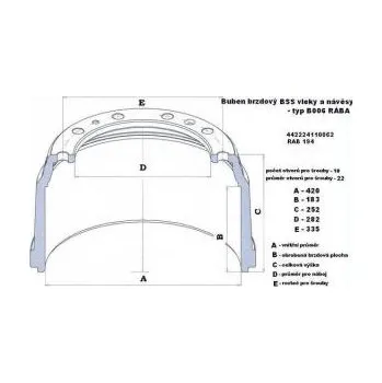 Brzdový buben Brzdový buben 420x183x252/282/335/22x10 návěsu Rába 1922