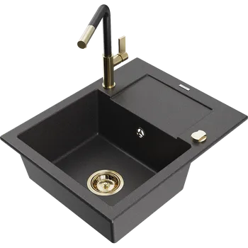 Granitový dřez Mexen Enzo granitový dřez s 1 komorou s odkapávačem a kuchyňskou baterií Flora, černý tečkovaný - 6506-76-670401-57-G Granitové dřezy s baterií