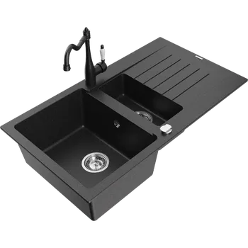 Granitový dřez Mexen Matias granitový dřez 1,5-komorový s odkapávačem a kuchyňskou baterií Carla černý/stříbrný metalický - 6502-73-670700-70 Granitové dřezy s baterií