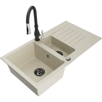 Granitový dřez Mexen Matias granitový dřez 1,5-komorový s odkapávačem a kuchyňskou baterií Savita, béžový - 6502-69-672601-70 Granitové dřezy s baterií