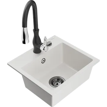 Granitový dřez Mexen Milo granitový dřez s 1 komorou a kuchyňskou baterií Savita, bílý - 6505-20-672601-70 Granitové dřezy s baterií