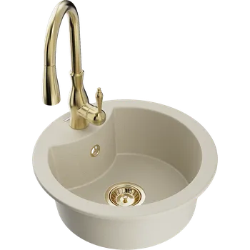 Granitový dřez Mexen Diego granitový dřez 1-komorový s kuchyňskou baterií Savita, béžový - 6512-69-672601-50 Granitové dřezy s baterií