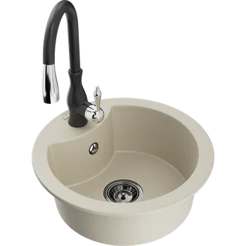 Granitový dřez Mexen Diego jednokomorový žulový dřez s kuchyňskou baterií Savita, béžový - 6512-69-672601-70 Granitové dřezy s baterií