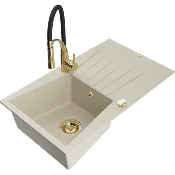 Granitový dřez Mexen Cesar jednokomorový dřez s odkapávačem a kuchyňskou baterií Aster, béžový - 6514-69-73450-57-G Granitové dřezy s baterií