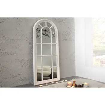 Zrcadlo Designové venkovské bílé nástěnné zrkadlo Castillo s obloukovým rámem s vintage efektem zešípané barvy 140 cm