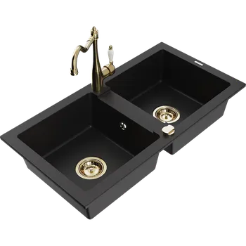 Granitový dřez Mexen Mario granitový dřez 2-komorový s kuchyňskou baterií Carla, černý - 6504-77-670700-50 Granitové dřezy s baterií