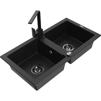 Granitový dřez Mexen Mario granitový dřez 2komorový s kuchyňskou baterií Rita, černý - 6504-77-670300-70-B Granitové dřezy s baterií