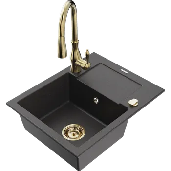 Granitový dřez Mexen Enzo granitový dřez 1-komorový s odkapávačem a kuchyňskou baterií Savita, černý skvrnitý - 6506-76-672601-50 Granitové dřezy s baterií