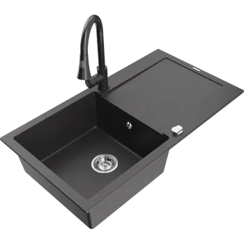 Granitový dřez Mexen Leo granitový dřez 1-komorový s odkapávačem a kuchyňskou baterií Elia, černý skvrnitý - 6501-76-670101-76 Granitové dřezy s baterií