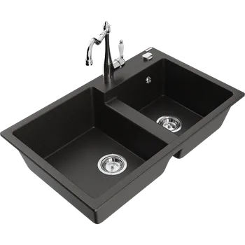 Granitový dřez Mexen Tomas žulový dřez 2-komorový s kuchyňskou baterií Carla, černý/zlatý metalický - 6516-75-670700-00 Granitové dřezy s baterií