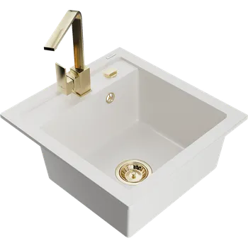 Granitový dřez Mexen Vito granitový dřez 1-komorový s kuchyňskou baterií Rita, bílý - 6503-20-670300-50 Granitové dřezy s baterií