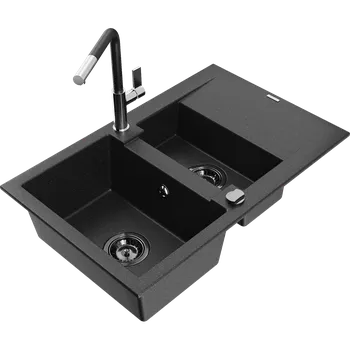 Granitový dřez Mexen Gaspar granitový dřez 1,5-komorový s odkapávačem a kuchyňskou baterií Flora, černý/stříbrný - 6507-73-670401-07-B Granitové dřezy s baterií