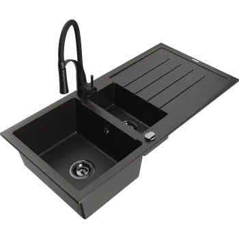 Granitový dřez Mexen Andres granitový dřez 1,5-komorový s odkapávačem a kuchyňskou baterií Aster, černý/zlatý metalik - 6515-75-73450-70-B Granitové dřezy s baterií