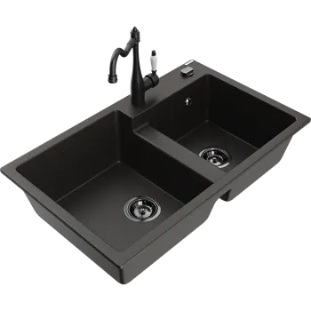 Granitový dřez Mexen Tomas granitový dřez 2-komorový s kuchyňskou baterií Carla, černý/zlatý metalik - 6516-75-670700-70-B Granitové dřezy s baterií