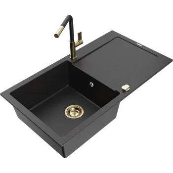 Granitový dřez Mexen Leo granitový dřez 1-komorový s odkapávačem a kuchyňskou baterií Flora, černý/stříbrný metalik - 6501-73-670401-57-G Granitové dřezy s baterií